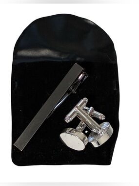 CUFF LINKS & TIE CLIP SET SILVER TONE